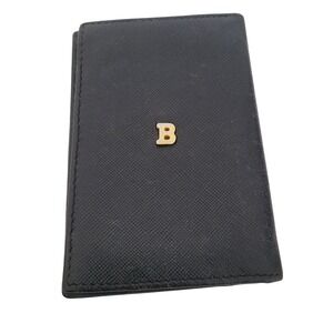 Bally Black Saffiano Leather B Logo Card Holder Small Wallet Made Italy Bifold